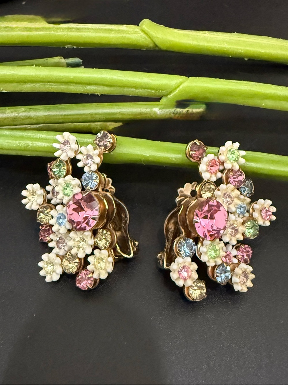 Vintage Signed LERU Flower Pastel Rhinestones Clip On Earrings